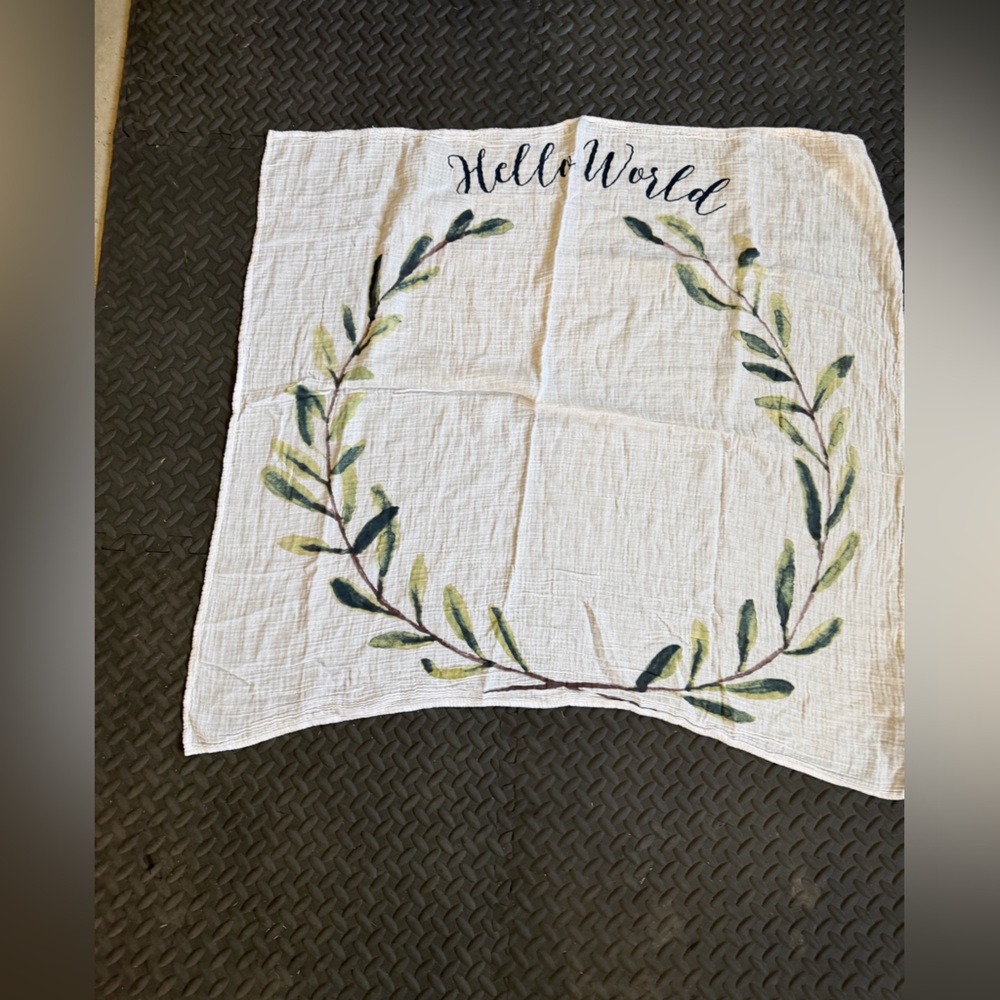 White Cotton Muslin Swaddle with Green Leaf Print